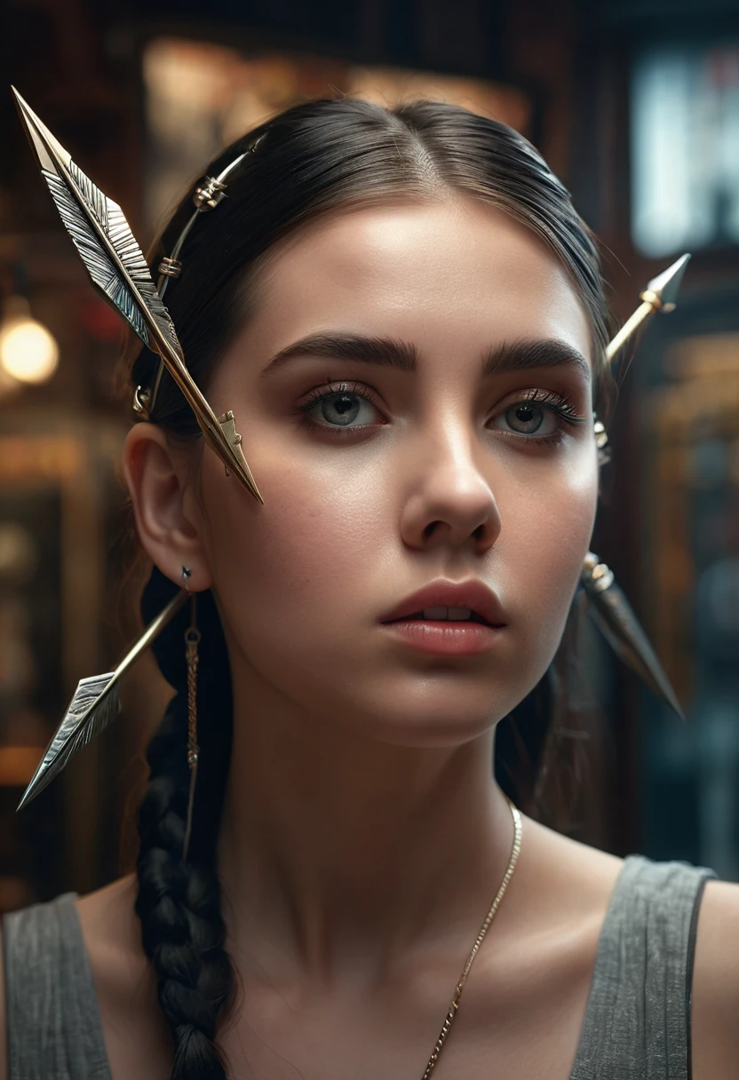 A young woman in a boutique metal arrows piercing the top of her head, (best quality,4k,8k,highres,masterpiece:1.2),ultra-detailed,(realistic,photorealistic,photo-realistic:1.37),hyperrealistic, intricate details, striking composition, dramatic lighting, cinematic, moody atmosphere, vibrant colors, surreal elements, thought-provoking, unsettling