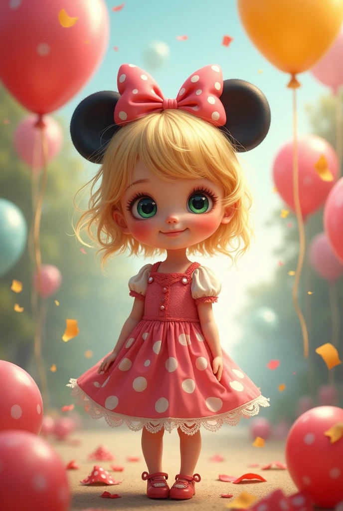 Birthday girl  blonde hair green eyes mini mouse theme plus balloons and the smallest girl