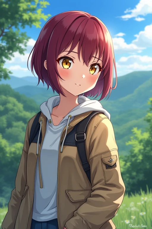 Highest quality,High resolution,Detailed illustrations,One girl,short hair,Perm,Jacket,Wine red hair,Yellow Eyes,Laid-back Camp △,