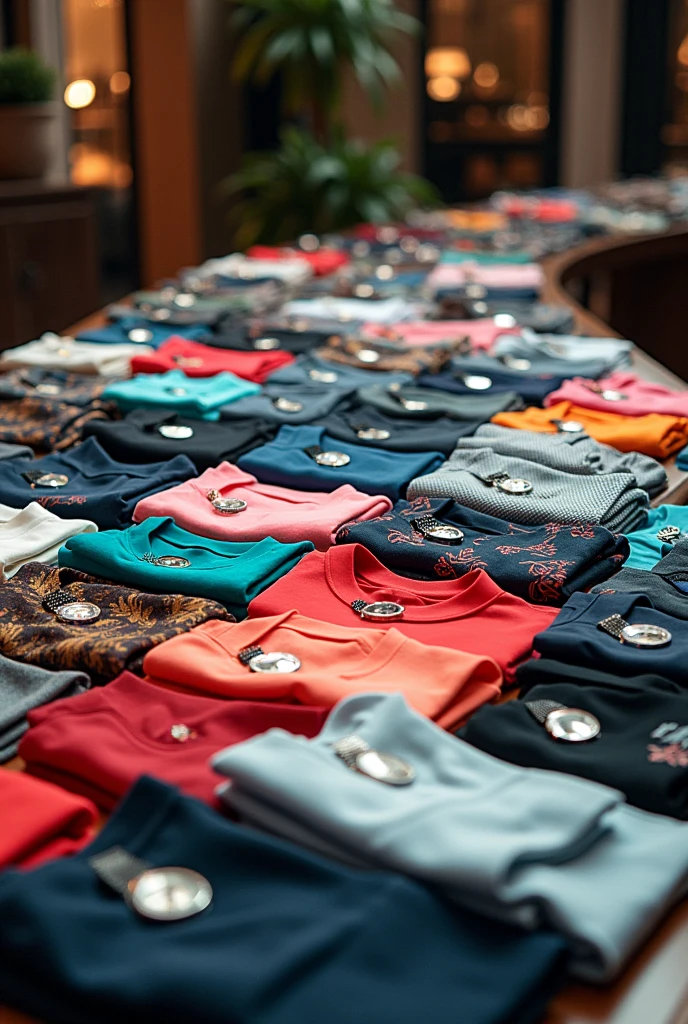 Many hundred t-shirts ,polo shirts and watches in table