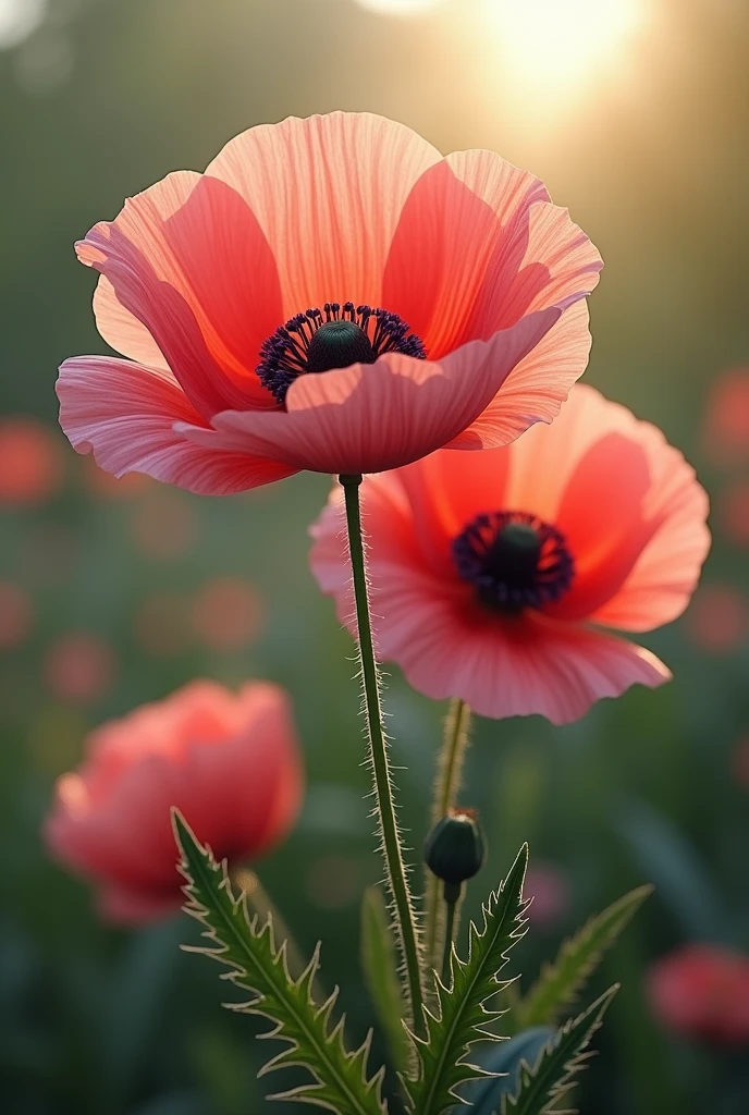 Create a captivating image of a Princess Victoria Louise Oriental Poppy in full bloom. The poppy should feature large, showy flowers with delicate, crinkled petals that are a rich, vibrant shade of coral-pink. Each petal should have a slightly translucent quality, catching the light and creating a soft, glowing effect. The center of the flower should be a contrasting deep black or dark purple, showcasing the intricate stamens and giving the bloom a dramatic focal point. The plant should have tall, sturdy stems adorned with finely cut, dark green foliage. The background can be a gentle blur of a garden setting with soft green and floral tones to highlight the poppy’s bright, eye-catching colors.