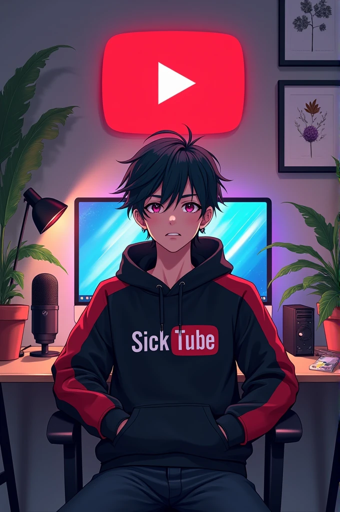 Prompt for AI AVATAR 👇
Create a image of "A 18 years anime boy sitting in front of a computer desk with a microphone and laptop, wearing black and red hoodie with the Channel Name on it "SICKTUBE". The background includes a large YouTube logo on the wall, potted plants on either side, and various recording equipment."