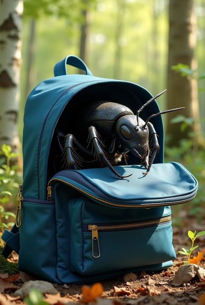 Black big ant  in bule school bag in bich 

