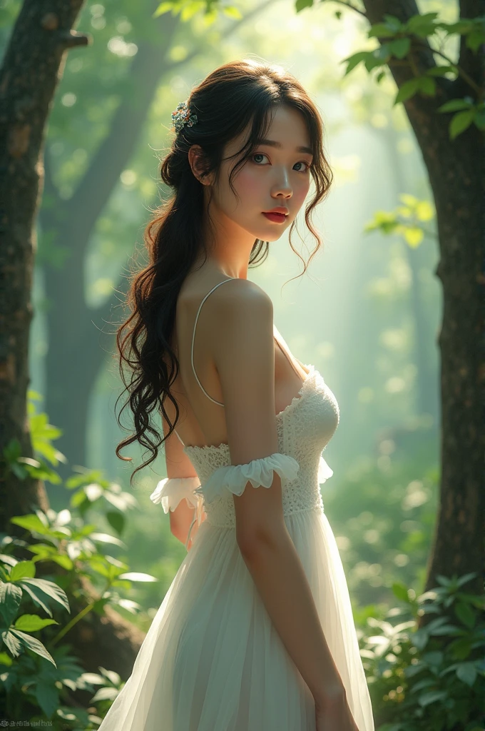 Woman, 24 years, curled hair, blue-green eyes, wearing a white dress, face with Asian features, breasts big. at the forest.
