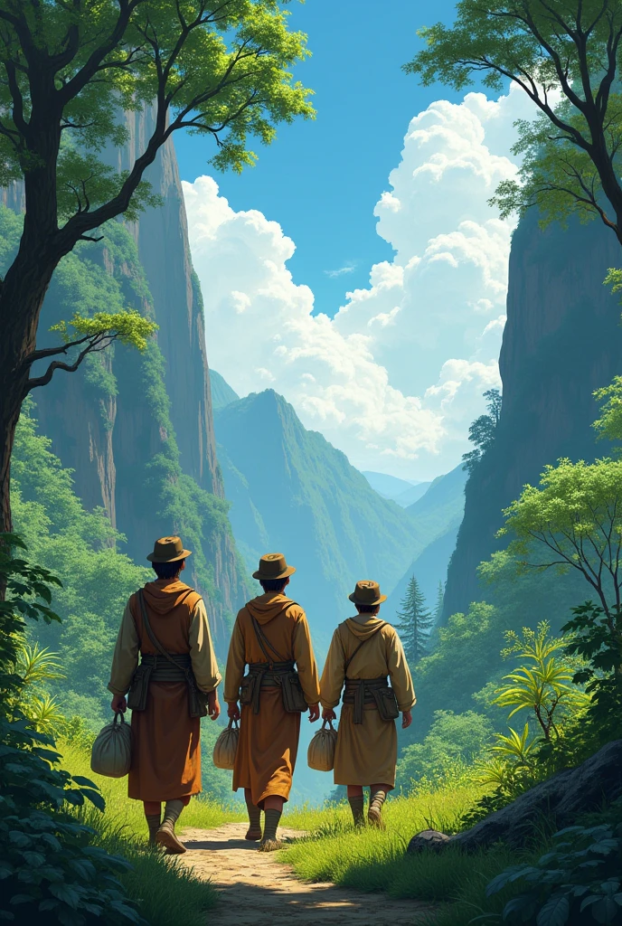 Three young men gasped as they walked through the woods. 
They are walking through the forest. 
There were many trees and mountains on both sides. 
They wear long robes and caps on their heads. 
Everyone had cloth bags in their hands.