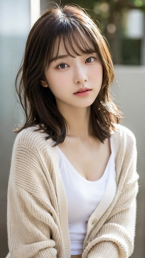 (top-quality、16K resolution)1 girl、solo、natural soft light、small tits、A Japanese Lady、Looking at the camera、white long sleeve knit cardigan、Concrete background、Facing the front、is standing、bobhair、Woman in her late teens、Light bangs、short-hair、Salon model、Natural look、portlate、floated hair、Rolled hair