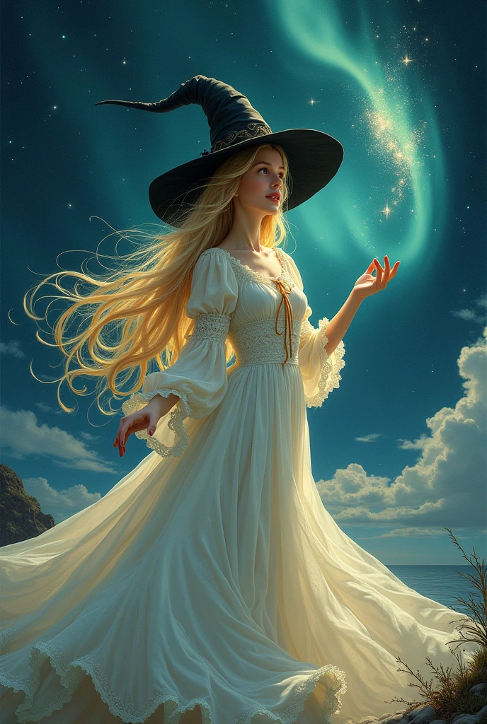 ((masterpiece:1.2, best quality)), 1girl, solo, (witch hat), blonde hair, long hair, dress, aurora, night, star (sky), gloves, sky, white dress, night sky, open mouth, starry sky, blue eyes, ribbon, very long hair, red dress, smile, hair ribbon, cape, blue hair, (bird), magic, casting spell, dark clouds, night, (impressionism:1.4), (tarot:1.3), alphonse mucha,