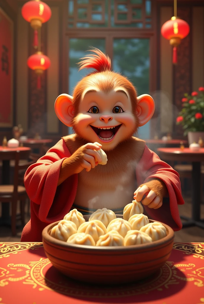 Wukong happily eats a cage of xiaolongbao in the restaurant。,Volumetric lighting 。3d，4K,Please use ultra-wide-angle lens for high-definition drawings