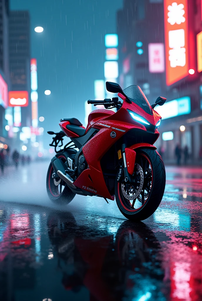 Red Bajaj pulser in neon city red lights rain