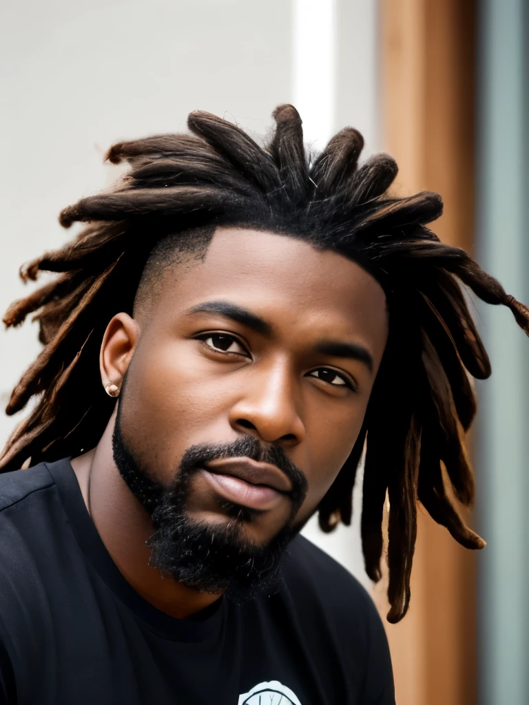 arafed man with dreadlocks and a beard with a colorful shirt, curly black beard, black curly beard, spiky black hair and dark skin, thick black beard, braided beard redhead dreadlocks, black man with afro hair, with a full black beard, inspired by Charles Martin, inspired by Ras Akyem, with textured hair and skin, thick braided beard