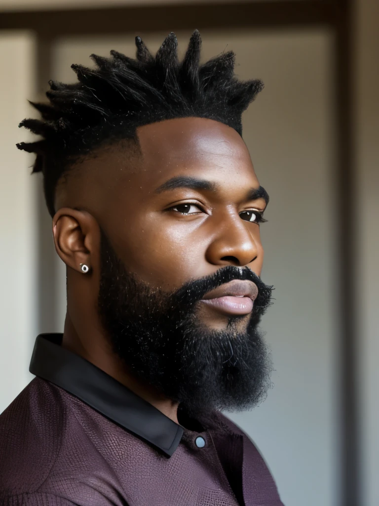 arafed man with dreadlocks and a beard with a colorful shirt, curly black beard, black curly beard, spiky black hair and dark skin, thick black beard, braided beard redhead dreadlocks, black man with afro hair, with a full black beard, inspired by Charles Martin, inspired by Ras Akyem, with textured hair and skin, thick braided beard