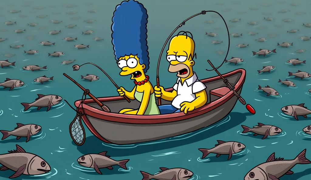 a simpsons style image of Homer Simpson and marge Simpson looking terrified sitting in a fishing boat holding fishing lines and nets. all the fish surrounding them are dead and grey and floating on the surface of the water