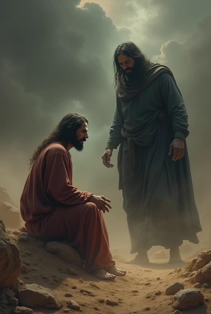 Create a dark and intense image of Jesus and Satan in the desert. Depict Jesus in a moment of suffering and struggle, with a distressed but resolute expression. Satan should be shown as a shadowy, ominous figure, looming over Jesus and presenting temptations or mocking Him. The desert background should be harsh and bleak, with dark, foreboding clouds and a stark, barren landscape. The overall mood should be one of profound conflict and spiritual tension, highlighting the gravity of the temptation and the darkness surrounding it.

























