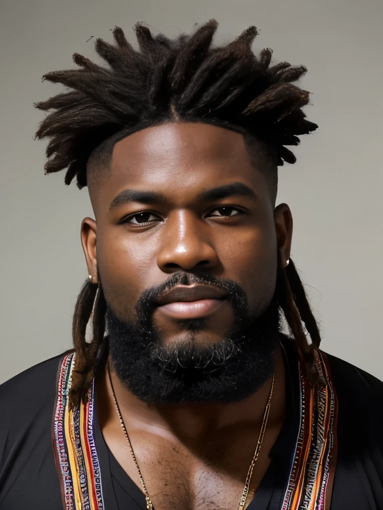 arafed man with dreadlocks and a beard with a colorful shirt, curly black beard, black curly beard, spiky black hair and dark skin, thick black beard, braided beard redhead dreadlocks, black man with afro hair, with a full black beard, inspired by Charles Martin, inspired by Ras Akyem, with textured hair and skin, thick braided beard