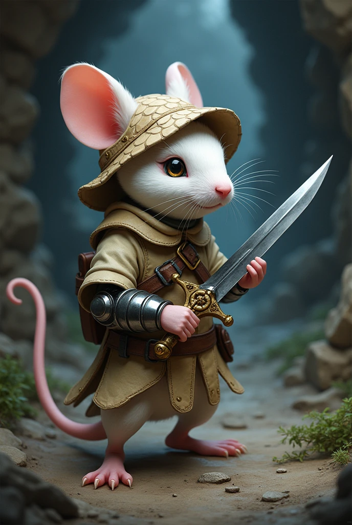 White slim humanoid mouse, with light leather armor, dragon scale hunter hat, bardo, set in dungeon and dragon's, with a legendary rapier and who lost his left arm being replaced by a mechanical robotic arm
