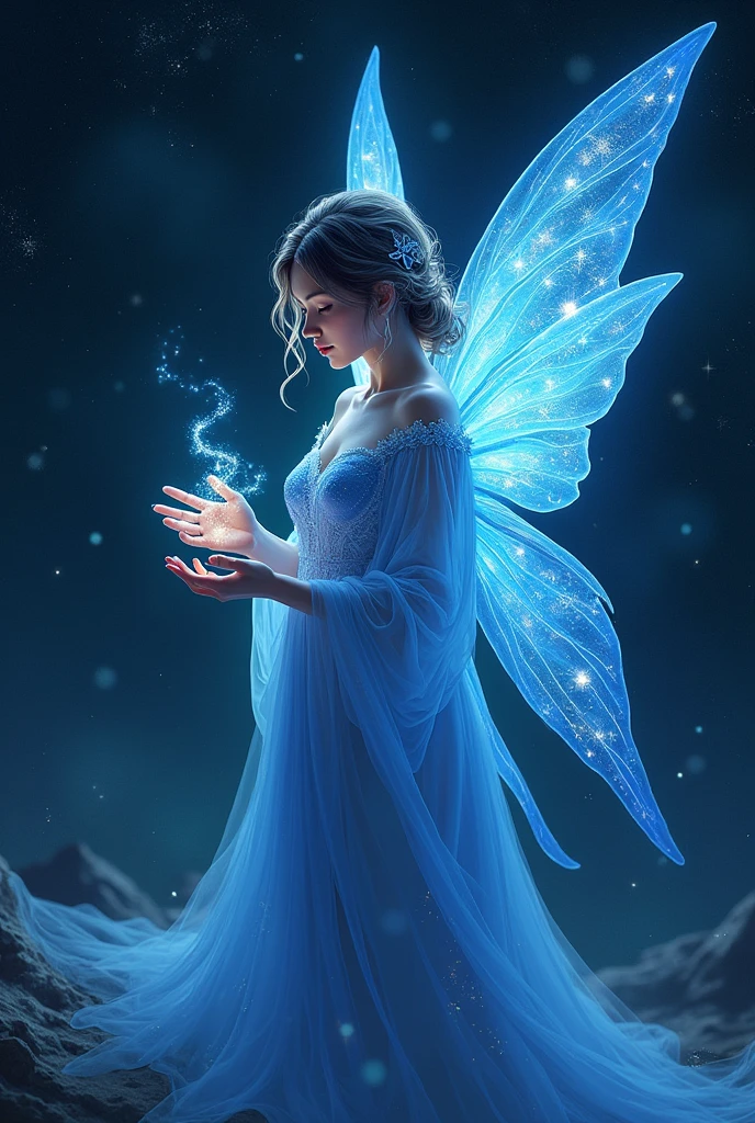 A night fairy, with magical blue enchanting robes, surrounded by stars, in space.