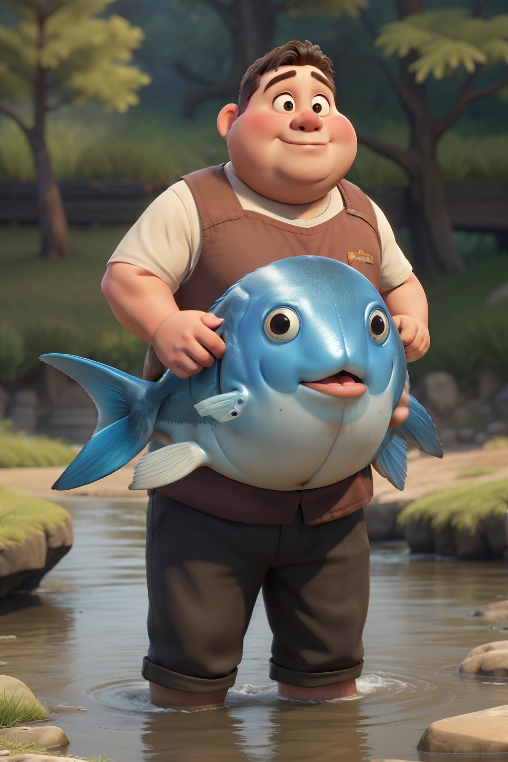 a fat boy was carrying a big fish in the river
