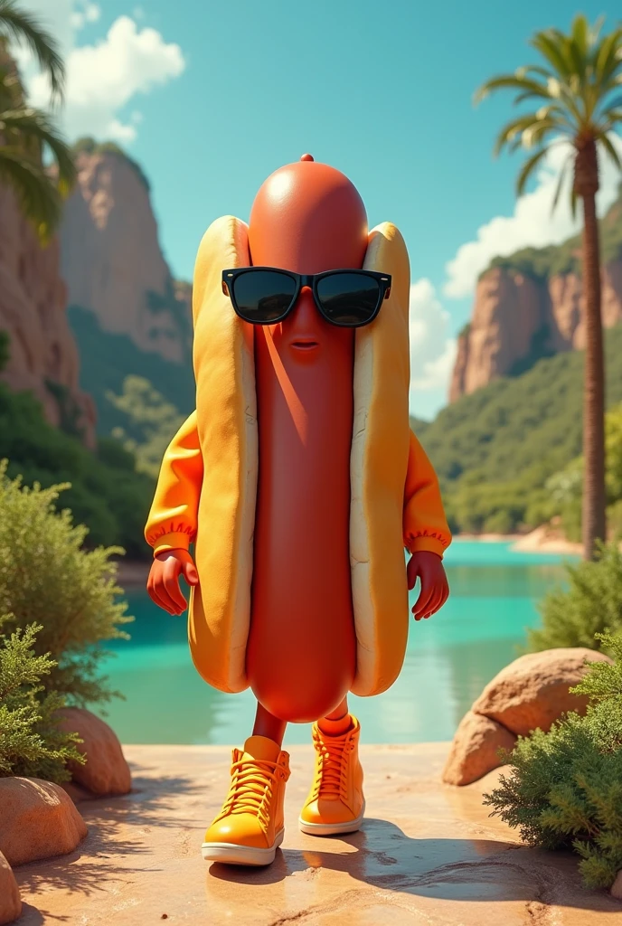 A hot dog dressed in fluorescent orange sneakers and black sunglasses walking through Chascomus