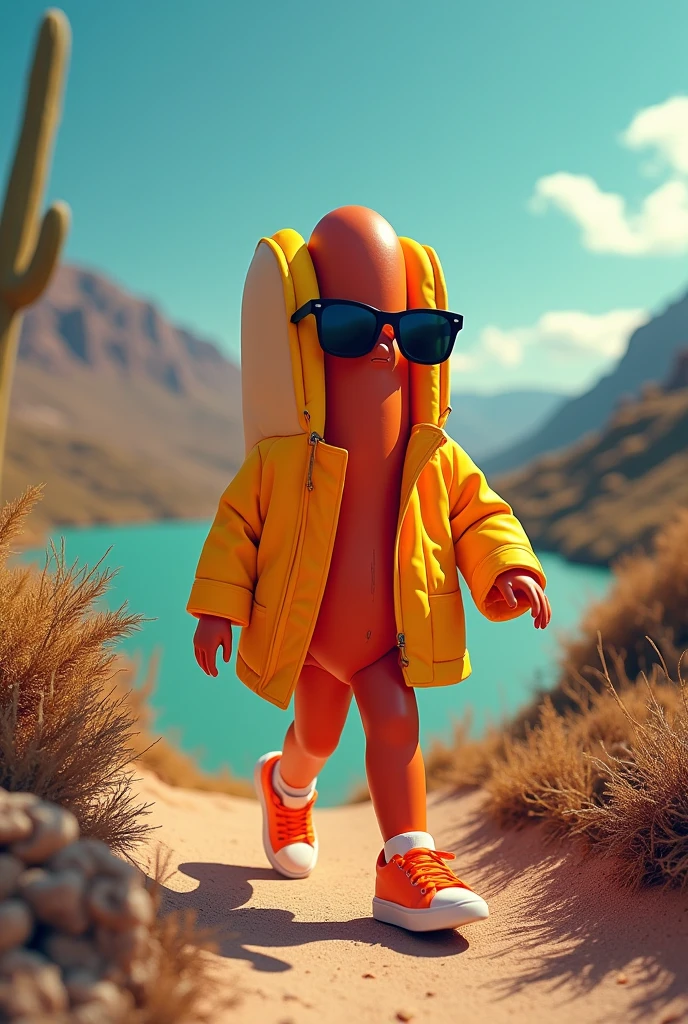 A hot dog dressed in fluorescent orange sneakers and black sunglasses walking through Chascomus