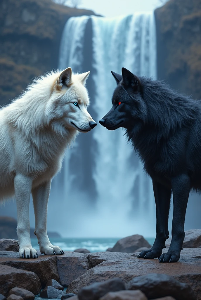 Two wolves facing each other. One being white with blue eyes and the other black with red eyes.. In the background there is a beautiful waterfall