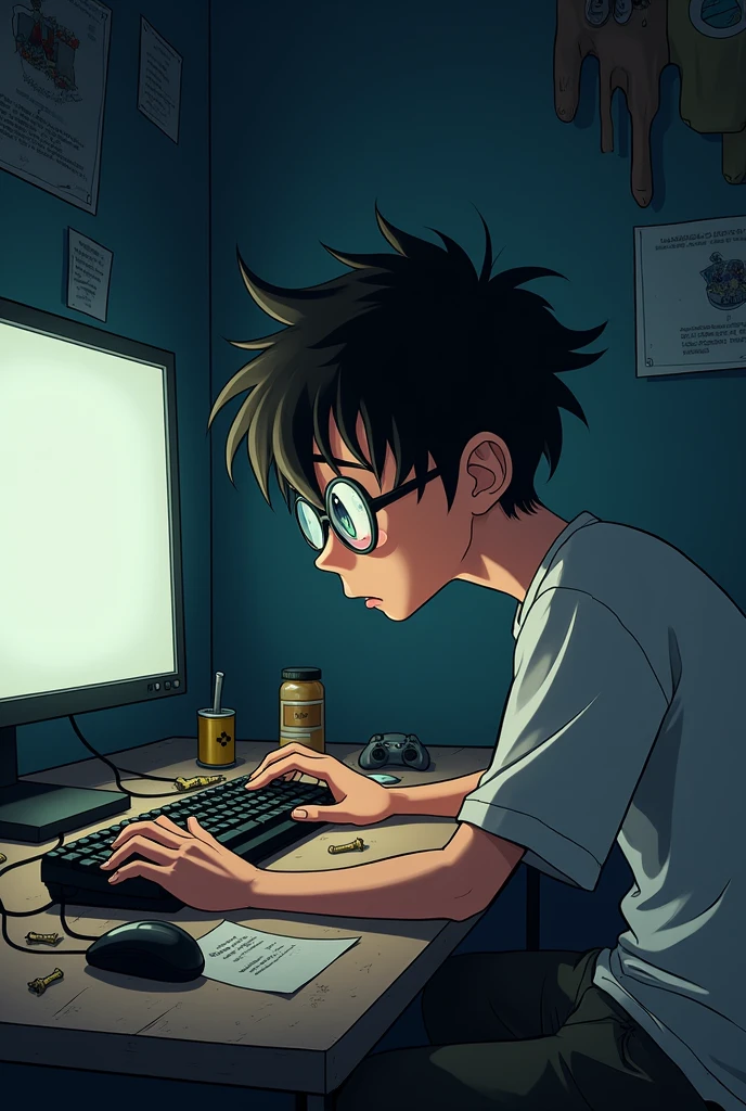 Anime boy geeky playing games om his computer skinny unattractive