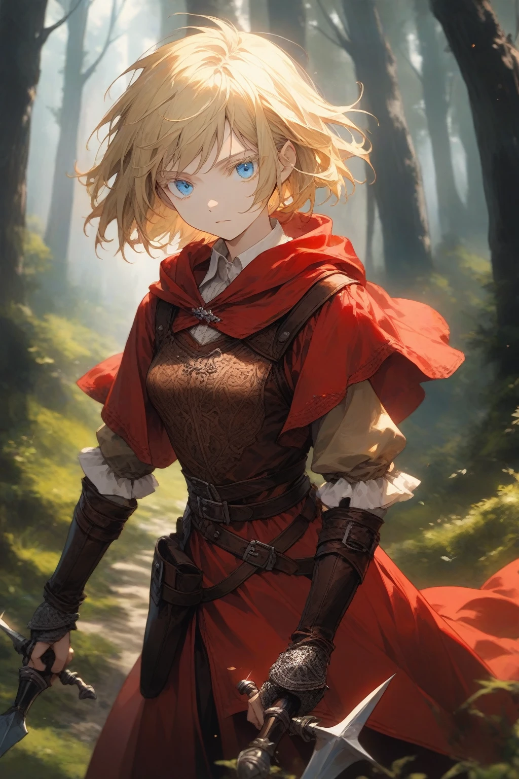 masterpiece, best quality, very aesthetic, absurdres,1girl,rating: general,(hyper detailed eyes),blonde hair,short hair,[disheveled hair],colored eyelashes,blonde eyelashes,blue eyes,(sharp eyes),(slanted eyes),choppy bangs,medium breasts,clear face,expressionless,(red hooded cloak),leather armor,leather chest guard,leather gauntlets,leather greaves,leather boots,dual wielding,dagger,medieval,fantasy,forest,