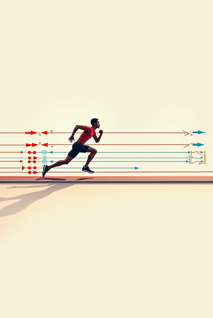 Track and Field Diagram with Vector Arrows
To illustrate the physics of sprinting, I'l describe a simple diagram:
Imagine a sprinter running on a straight track. The diagram includes the following vectors:
Change in Acceleration (Red Arrows): These vectors point forward and vary in size, representing the sprinter's increase in speed during the initial phase of the sprint (starting blocks to mid-race).
Change in Velocity (Blue Arrows) These arrows align with the sprinter's direction of motion, showing increases in velocity over time. They are initially smaller but grow longer as the sprinter acceleratesOverall Resultant Velocity (Green Arrow): This arrow represents the net velocity of the sprinter at any given moment, calculated as the sum of all velocity changes. It points forward, ìndicating the sprinter's direction and speed.