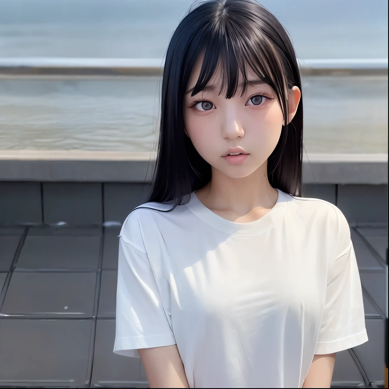 Photorealistic, High resolution, 1 Girl, Korean, Eyes with heterochromia, Small mole under eye,front、Black Hair、blunt bangs、T-Shirts、face、adult、Age 25、White shirt、