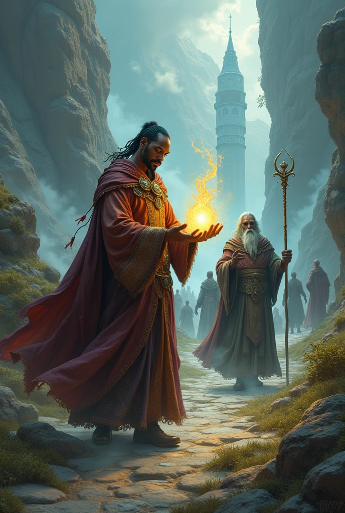 un jeu vidéo avec un homme en robe tenant un bâton et entouré d'autres personnes, Snoop Dogg: un mage, le père de tous, vieil archimage masculin, Youtube, chemin de l'exil, assistant de lancement de sorts, sorcier réfléchissant à son orbe, Peinture à l'huile du surréalisme épique 8k, michael cheval (Moteur irréel, mage fantastique, Youtuber, Style d'art fantastique épique HD