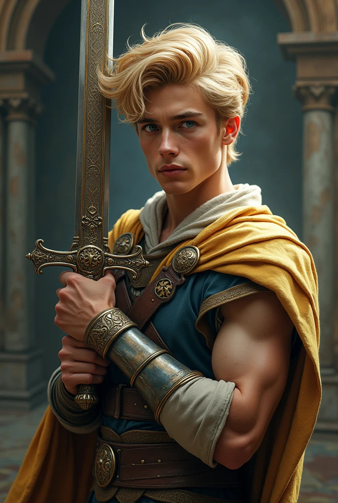 A handsome young blond prince using an amazing sword