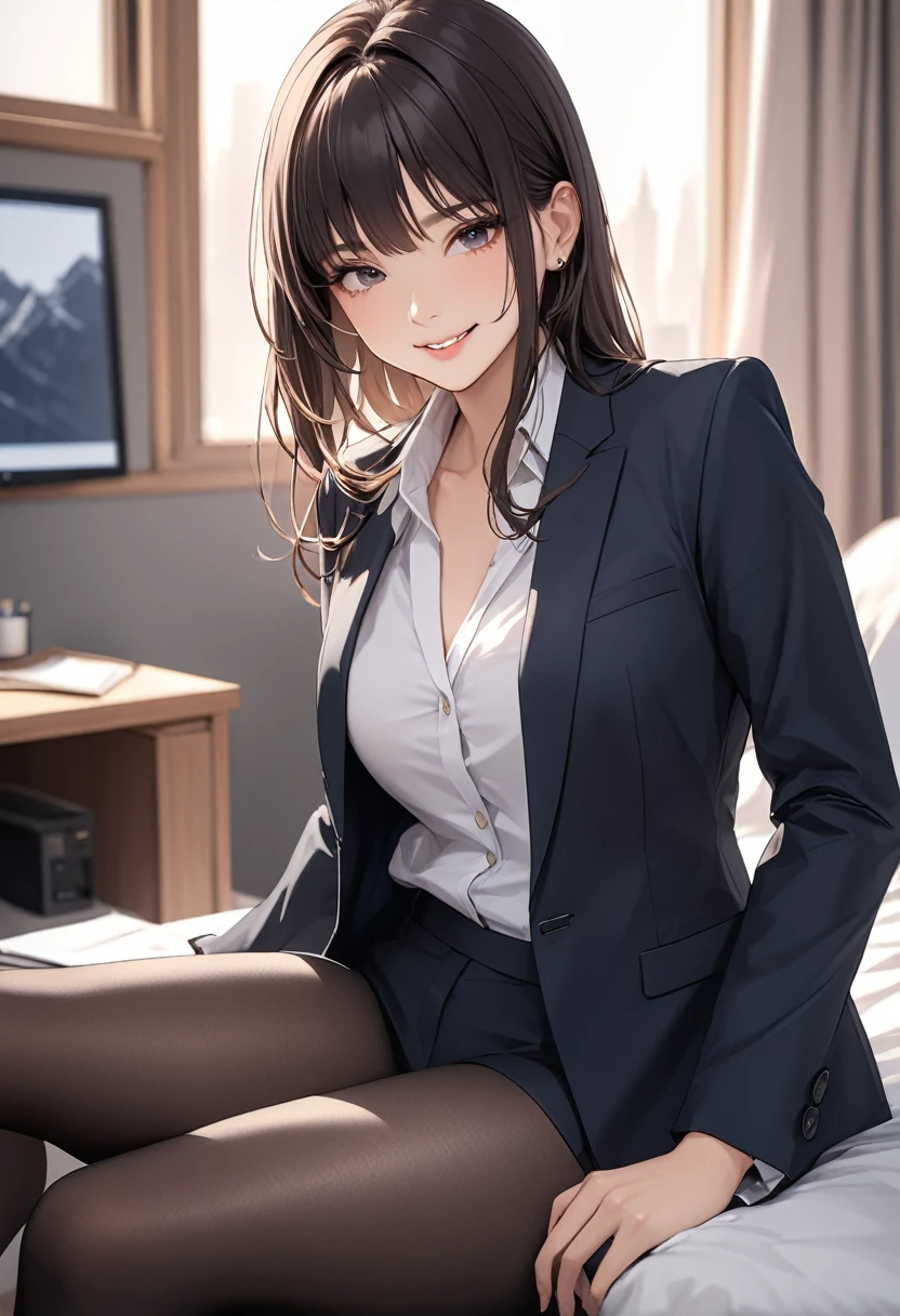 (masterpiece:1.5),(Beat quality),(high res),1girl solo,beautiful face,smile,Office suit black pantyhose woman,room