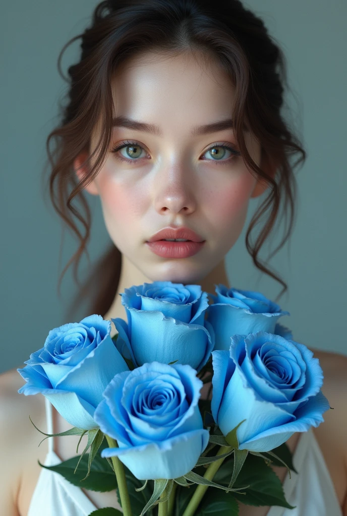 A woman holds a bouquet of blue roses at chest level, frontal view, fair skin.