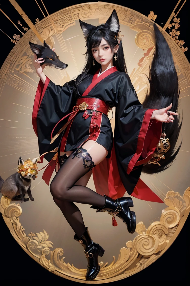 (Absurdly , high quality , Very detailed,The fox god is looking at the cameraman)、(((Black Hair、Black fox ears)))、Colorful and gorgeous Japanese kimonos, Beautifully crafted with intricate patterns and traditional designs.、((hair ornaments、Earrings、Black Pantyhose、short boots))、((tattoo))、(masterpiece, 最high quality, 最high quality, Official Art, Beauty and aesthetics: 1.2), (One person: 1.3)
