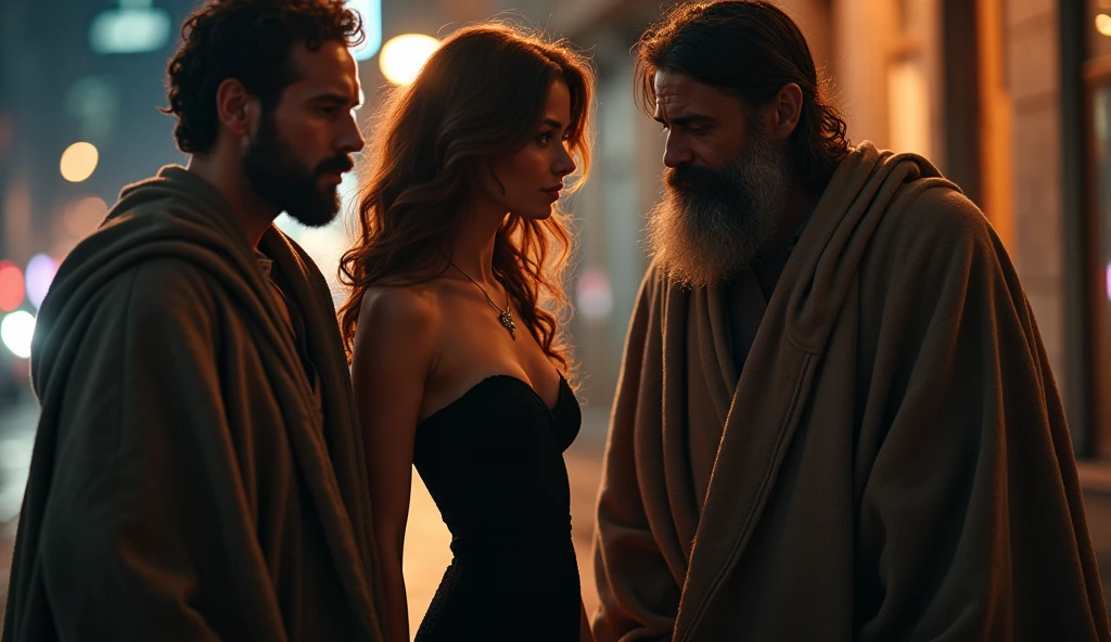 A sensual woman with long wavy hair, dressed in a tight, elegant dress, conversation with two homeless people in an urban setting at night. She leans slightly, showing interest in the conversation, as your eyes shine in the streetlights. The Two Men, dressed in worn-out clothes and covered in blankets, look at her with curiosity and surprise. The scene is full of contrast between the sophistication of the woman and the simplicity of the men., creating an atmosphere of mystery and intrigue.