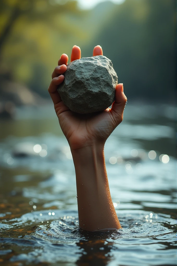 The stone being held up above the water, showing it is now out of the river
