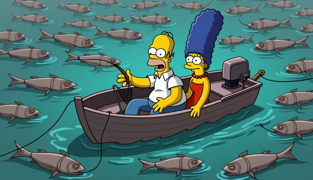 a simpsons style image of Homer Simpson and marge Simpson looking terrified sitting in a fishing boat holding fishing lines and nets. all the fish surrounding them are dead and grey and floating on the surface of the water