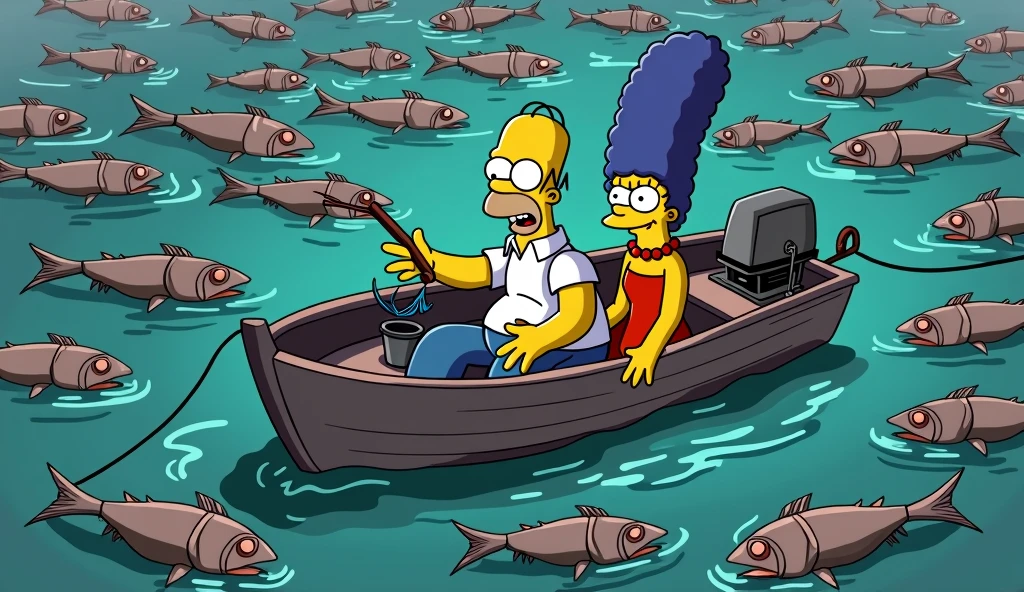 a simpsons style image of Homer Simpson and marge Simpson looking terrified sitting in a fishing boat holding fishing lines and nets. all the fish surrounding them are dead and grey and floating on the surface of the water