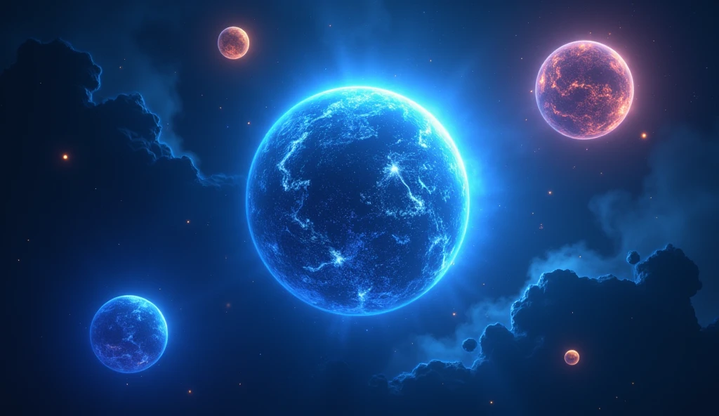 Creating a blue energy planet，Blue Earth Theme,(The Earth is not too big),Earth-centered,There are also planets glowing in various colors next to it.