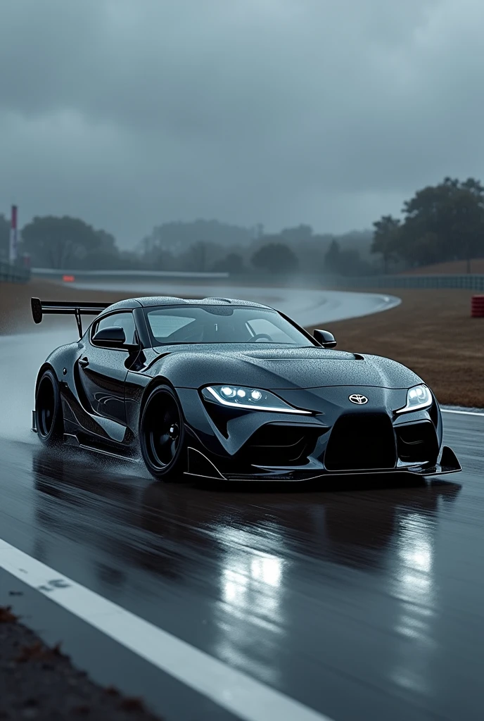 Black supra mk4 in rain on track lowed and white neon