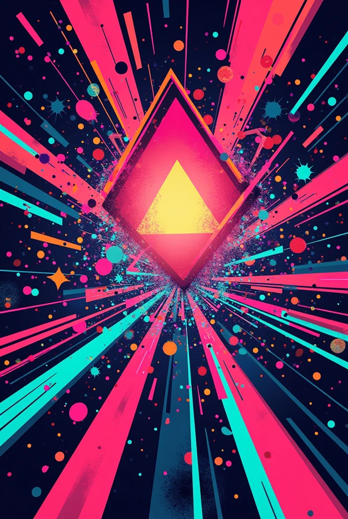 A vibrant 90s-00s inspired background for a 'Psycho Party,' featuring abstract neon-colored splashes and geometric shapes. The design includes bold, playful patterns like zigzags, dots, and triangles, all in a mix of bright, contrasting colors . The background should have a dynamic, energetic feel with ample open space for text or other elements, creating a fun and chaotic party atmosphere