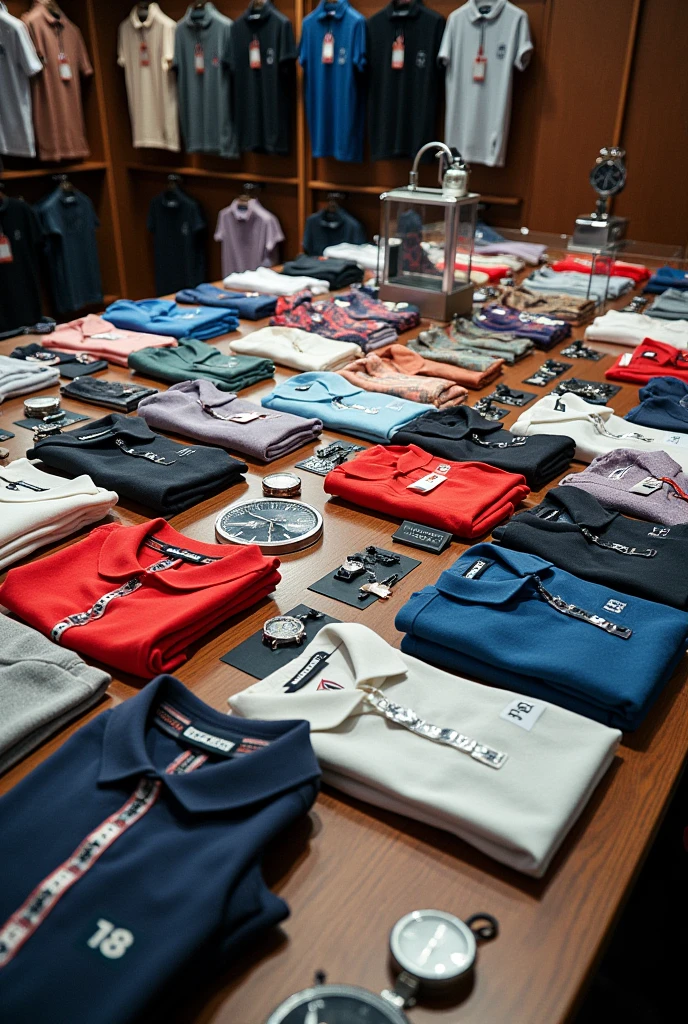 Many hundred t-shirts ,polo shirts and watches in table