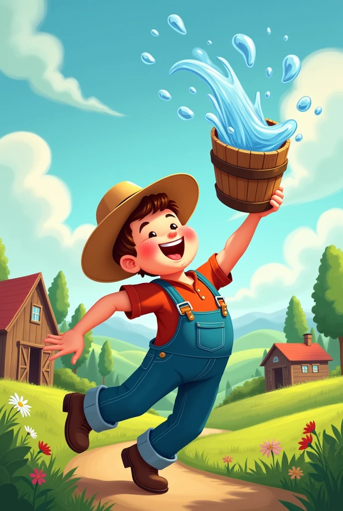 A farmer throwing water with a bucket cartoon 