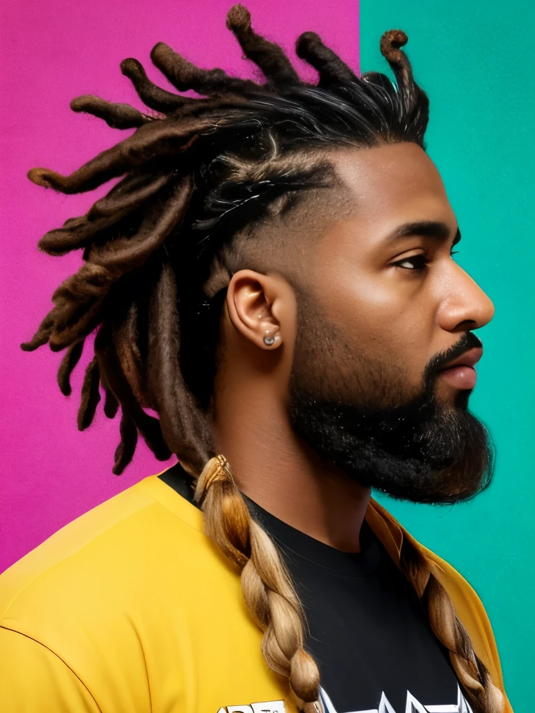 arafed man with dreadlocks and a beard with a colorful shirt, an album cover inspired by Charles Martin, tumblr, conceptual art, curly black beard, black curly beard, spiky black hair and dark skin, thick black beard, braided beard redhead dreadlocks, black man with afro hair, with a full black beard, with textured hair and skin, thick braided beard