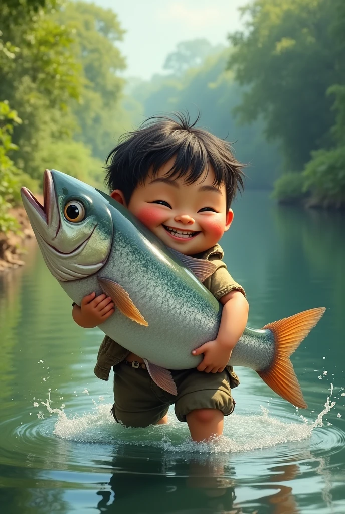 a fat boy was carrying a big fish in the river