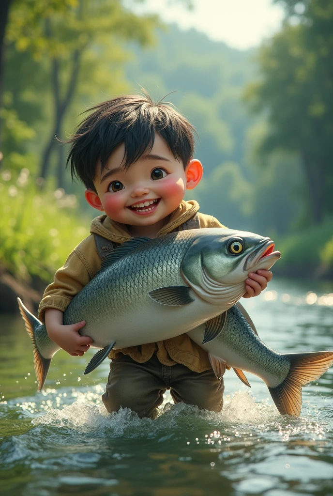 a fat boy was carrying a big fish in the river