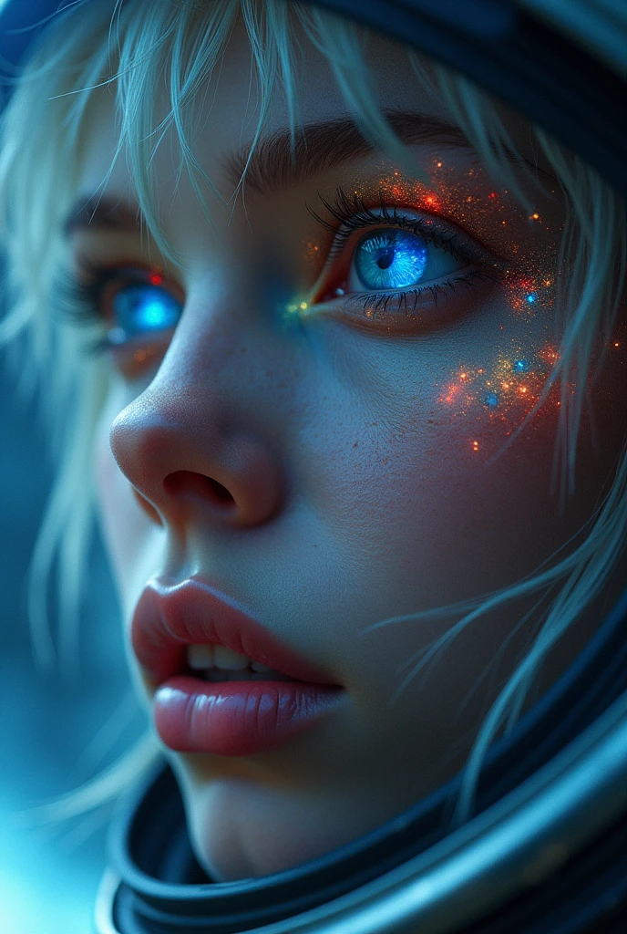 (Close-up of a better masterpiece:1.5)0.9], (Space and astronauts:1.2) (Messy silver hair:1.1) (Heterochromia xanthochromia and blue eyes:1.2) (Space Helmet:1.0) (Colored stars in the eyes:1.0) (A radiant glow:1.1) (thick lips:0.9)