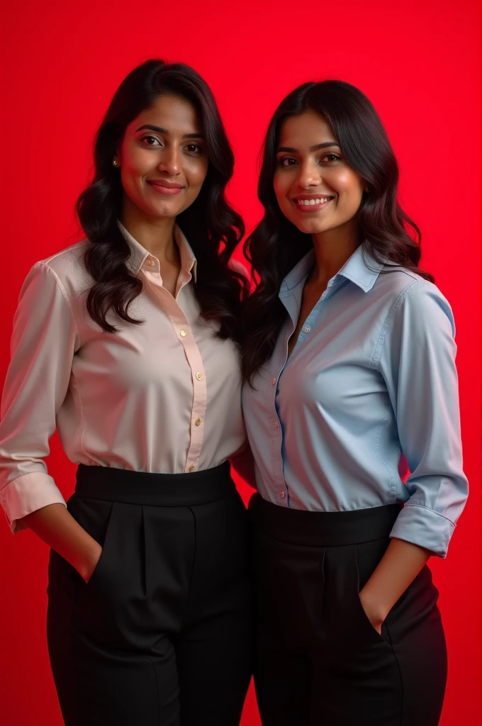 2 Indian women  wearing formals and glass posing for linkedin red light in background