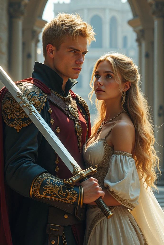 A handsome young blond prince using an amazing sword and a beautiful young woman