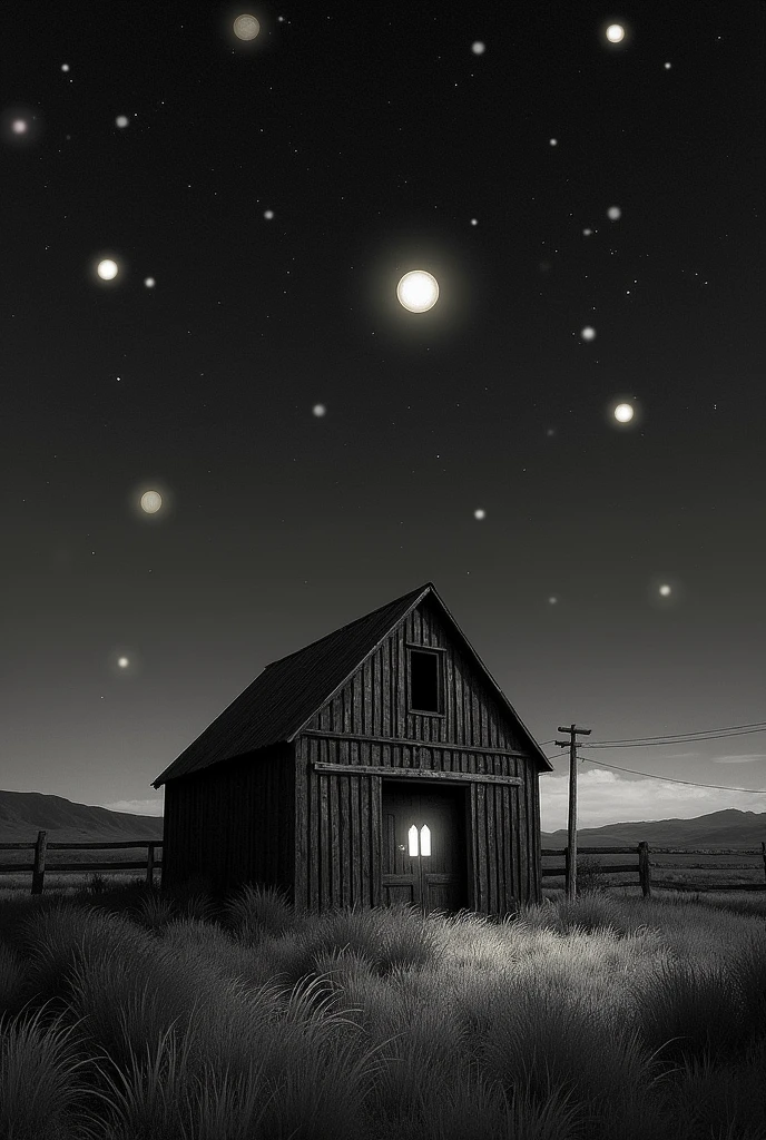 This stark black and white image presents a captivating nocturnal rural scene. The focal point is a weathered wooden structure, likely a barn or old house, with a distinctive angled roof. Its dark silhouette stands out against the night sky, with a warm glow emanating from one of its windows, hinting at life within. The foreground is textured with wispy grass and what appears to be a wooden fence, adding depth to the composition. The background reveals the silhouette of distant mountains or hills, creating a sense of vastness. The sky is the most striking element, filled with an array of glowing orbs of various sizes, resembling stars, planets, or perhaps fantastical celestial bodies. These luminous spheres are scattered across the dark expanse, some larger and brighter than others, creating a mesmerizing, almost surreal effect. The overall impression is one of wonder and mystery, blending realistic architectural elements with an imaginative, dreamlike sky. The high contrast and grainy texture give the image a vintage, hand-drawn quality, enhancing its ethereal atmosphere.