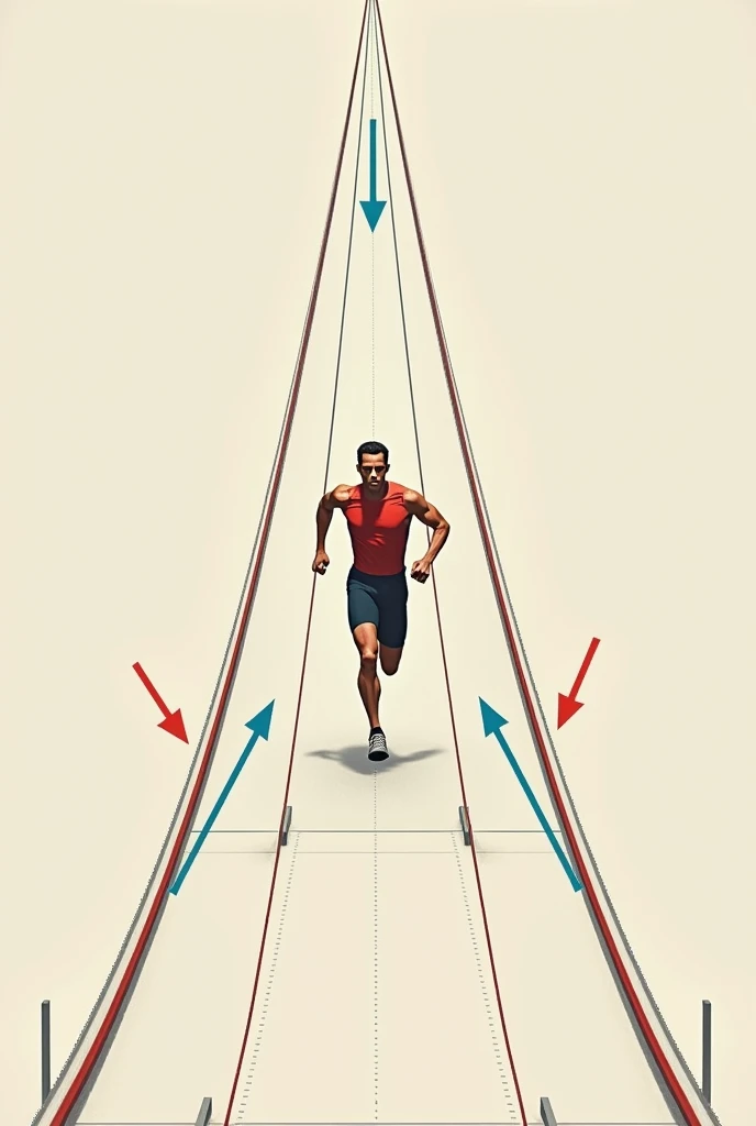 Track and Field Diagram with Vector Arrows
To illustrate the physics of sprinting, I'l describe a simple diagram:
Imagine a sprinter running on a straight track. The diagram includes the following vectors:
 Change in Acceleration (Red Arrows): These vectors point forward and vary in size, representing the sprinter's increase in speed during the initial phase of the sprint (starting blocks to mid-race).
 Change in Velocity (Blue Arrows) These arrows align with the sprinter's direction of motion, showing increases in velocity over time. They are initially smaller but grow longer as the sprinter acceleratesOverall Resultant Velocity (Green Arrow): This arrow represents the net velocity of the sprinter at any given moment, calculated as the sum of all velocity changes. It points forward, ìndicating the sprinter's direction and speed.